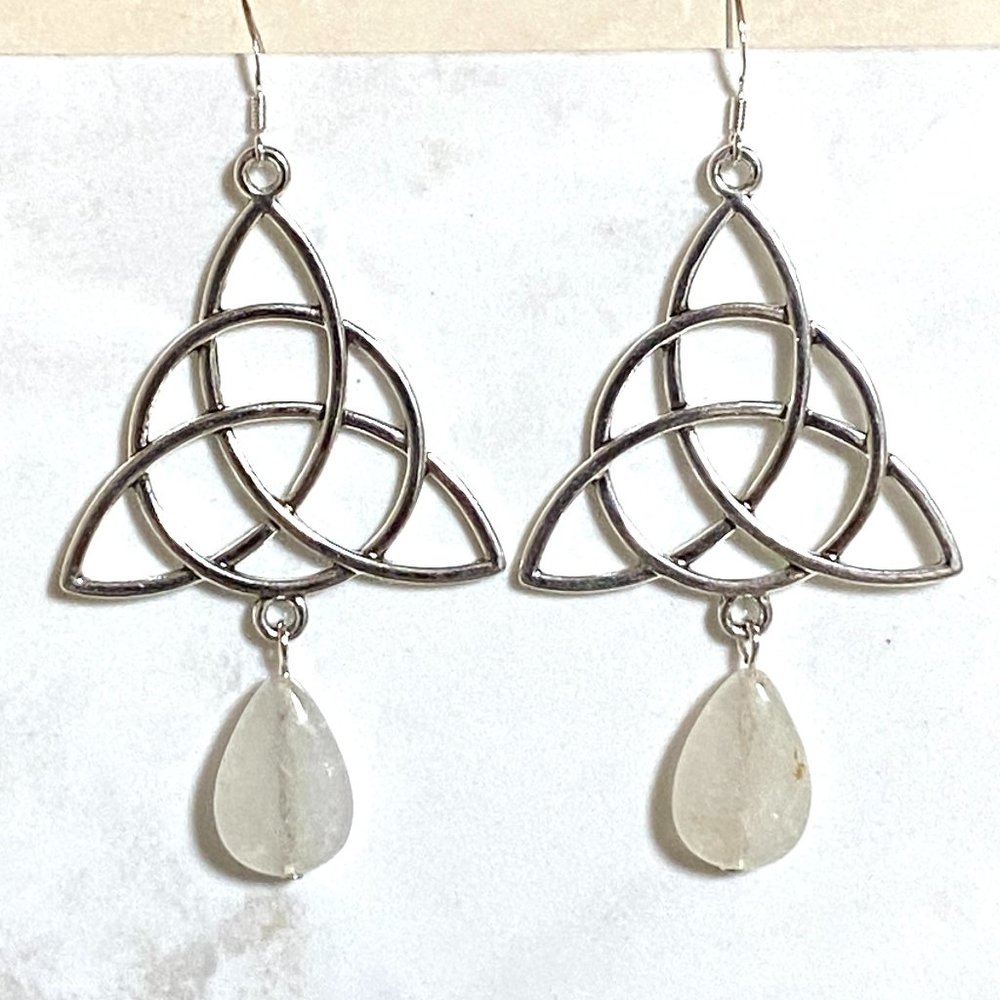 2/$20, Quartz Celtic Trinity Dangle Earrings, Genuine Gemstone + Sterling Silver